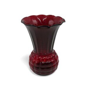 Vase RUBY Red PINEAPPLE Glass With Scalloped Flared Rim Vintage 9" Tall 1970s